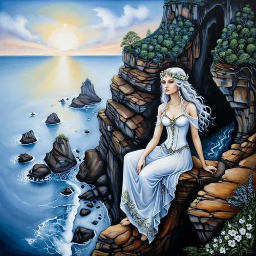 a painting of a woman sitting on the cliff of a cliff overlooking water,galadriel,amphitrite,ariadne,fantasy picture,the sea maid,fantasy art,Illustration,Abstract Fantasy,Abstract Fantasy 14