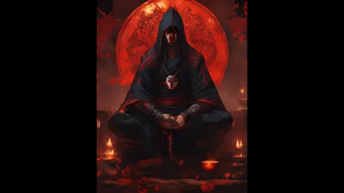 a grim looking figure sits in front of a red sun,itachi,samael,occultist,azazel,akatsuki,cultist