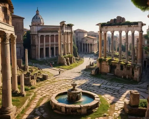 Roman Forum, ancient ruins, grandiose columns, majestic arches, intricately carved marble, weathered stone pavement, sprawling urban landscape, Mediterranean climate, warm sunlight casting long shadow