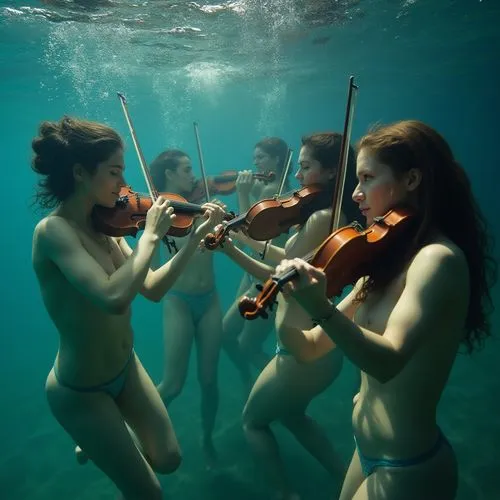 The image features a group of women playing violins underwater, with all woman emerging from the water topless.,the beautiful woman are playing the violin underwater,violinists,cellists,playing the vi