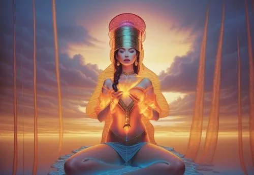 rain falling nude exotic looking far and away,there is a woman sitting in a yoga position with a bright orange fire coming from her hands,akhnaten,priestess,kundalini,sekhmet,estess,amphitrite,genie,d