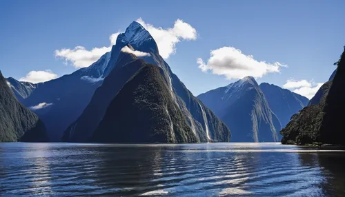 The Great Mitre Peak at Milford Sound,milford sound,new zealand,south island,nz,newzealand nzd,north island,mountain and sea,tasmania,mountainous landforms,mitre peak,glacial landform,giant mountains,