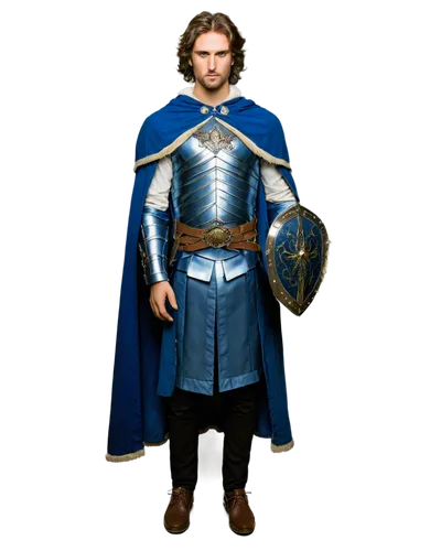 Costume, medieval fantasy, ornate armor, silver chest plate, golden waist belt, blue cape with white fur trim, muscular male, confident pose, broadsword at side, heroic facial expression, detailed eye