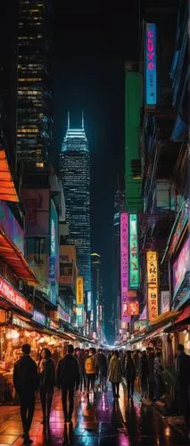 Nighttime cityscape, neon lights reflecting off skyscrapers, busy streets, crowded night market, street food stalls, vibrant lanterns, nightlife, clubbers, partygoers, fashionably dressed young adults