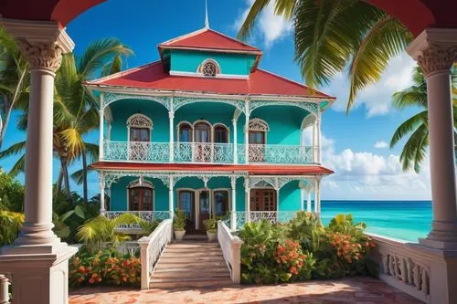 Colorful Caribbean-style villa, wooden structure, intricate balconies, ornate railings, vibrant turquoise walls, white windows, red roof tiles, lush green palm trees, floral patterns, tropical flowers