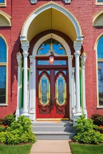 Renovated Victorian-era mansion, Evansville, Indiana, USA, majestic facade, grand entrance, intricately carved wooden doors, ornate ironwork, Gothic Revival style, pointed arches, ribbed vaults, vibra