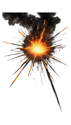 Dynamic explosion, 3D rendered, high-energy blast, vibrant orange and yellow flames, shattered debris, smoke clouds, intense light burst, sharp edges, metallic scraps, dramatic camera shake, close-up 