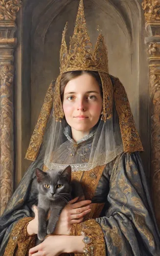 woman Isabelle de Bourbon in 15th century medieval dress holding a British dark grey cat in her arms | on the woman's head there is a high Gothic cone "atour" | woman's hair is completely hidden under