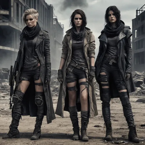 angels of the apocalypse,musketeers,bad girls,birds of prey,trinity,underworld,women's clothing,trio,girl power,renegade,women's boots,swath,beautiful girls with katana,post apocalyptic,protectors,women clothes,assassins,strong women,fantastic four,woman power,Conceptual Art,Fantasy,Fantasy 33