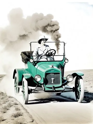 Pen drawing: Mrs. Clara Jane Ford is at the center of the action. She is driving a Ford (Model T) through a Texan landscape, its dark green paint reflecting the bright sunlight. The intricate details 