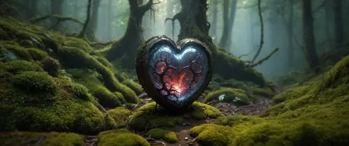 an open heart shaped boulder in the middle of moss covered forest,forest dragon,fantasy animal,fantasy picture,jatayu,owl,korowai,owl nature,angusta,vulpecula,heacock,ravenscrag,jaggi,raven sculpture,