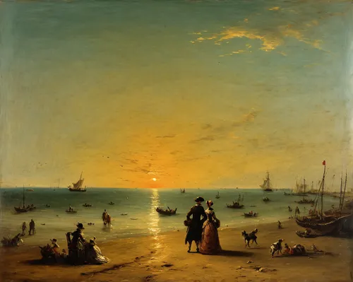 landscape with sea,beach landscape,sea landscape,joseph turner,andreas achenbach,coastal landscape,bougereau,regatta,man at the sea,sun and sea,constable,evening atmosphere,eventide,the touquet,people on beach,el mar,dutch landscape,copacabana,sunset beach,romantic scene,Art,Classical Oil Painting,Classical Oil Painting 35