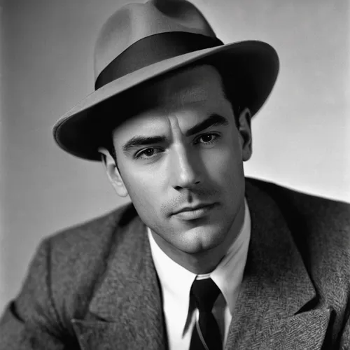 A Noire, 35 year-old, fit and handsome private detective from the 1940', wearing a gray fedora with  2.5 inch brim, looking cynical in his office,gregory peck,humphrey bogart,cary grant,george paris,j