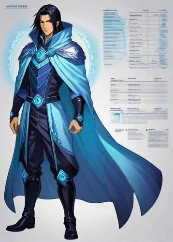 A character design sheet of a male superhero with a cape. Muscular figure. Long black hair in a ponytail. Color: Navy blue and Azure blue. Cell-shaded comic art style. Employ a Canon EOS R6 Mark II ca