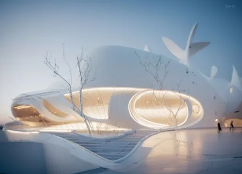 a futuristic white building with flowing lines. Pavillion high detail,a futuristic building with stairs in front of it,futuristic art museum,bjarke,futuristic architecture,archidaily,snowhotel,dongdae