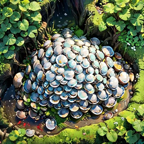 mushroom landscape,mushroom island,acorn cluster,stacked turtles,stack of stones,stacking stones,polypores,mushrooms,procedural,bird bath,nelumbo,garden pond,crown caps,birdbath,windfalls,polypore,lily pads,forest mushroom,spheres,wishing well,Anime,Anime,General