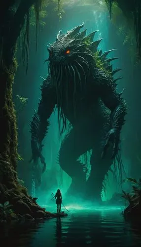 water creature,cuthulu,god of the sea,nuphar,fantasy picture,kraken,sea monsters,swamp,sci fiction illustration,merman,predator,the ugly swamp,merfolk,gigantic,underground lake,sea god,game illustration,encounter,bayou,angler,Photography,General,Fantasy