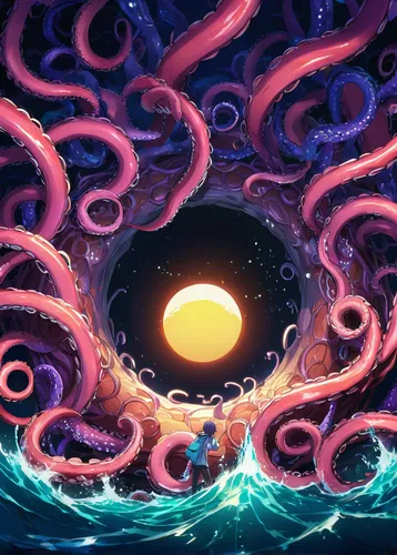 coral swirl,the endless sea,exploration of the sea,ocean,sea,currents,whirlpool,deep sea,open sea,sun and sea,sea-life,swirling,swirls,ocean paradise,ocean floor,tide,tidal wave,vortex,the sea,sun moon,Illustration,Japanese style,Japanese Style 03