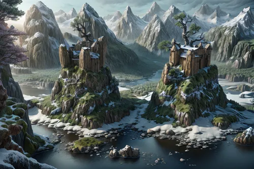 mountain settlement,floating islands,fantasy landscape,northrend,elves flight,imperial shores,artificial island,ancient city,3d fantasy,peter-pavel's fortress,karst landscape,fantasy picture,water castle,mountainous landforms,an island far away landscape,ice castle,islet,fantasy world,island of fyn,fairy village