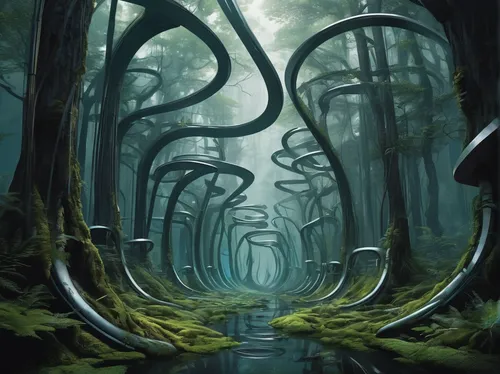 haunted forest,elven forest,crooked forest,swampy landscape,the forest,forest path,holy forest,cartoon forest,forest of dreams,the forests,enchanted forest,hollow way,forest,the mystical path,forests,swamp,mushroom landscape,green forest,old-growth forest,tree grove,Conceptual Art,Sci-Fi,Sci-Fi 24