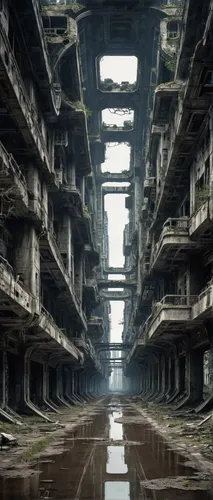 hashima,gunkanjima,post-apocalyptic landscape,industrial ruin,dystopian,abandoned place,abandoned places,very large floating structure,destroyed city,lost place,futuristic landscape,ancient city,ruin,dystopia,industrial landscape,kowloon city,panopticon,apartment block,strange structure,abandonded,Conceptual Art,Fantasy,Fantasy 33