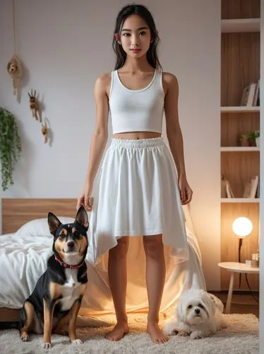 Girl with a dog,a woman standing next to a dog and wearing a white dress,inu,aui,shibboleths,white skirt,poki,akitas,Photography,General,Realistic