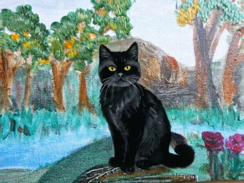 a painting of a black cat with yellow eyes,pyewacket,ravenpaw,melanistic,rousseau,black cat,mousseau