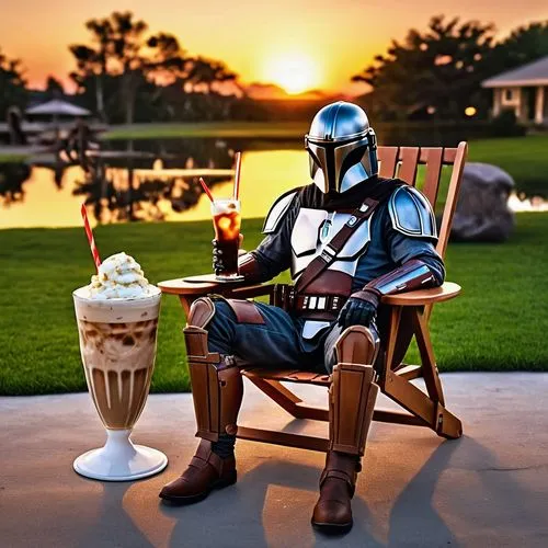 Mandalorian,Mandalorian drinking,Mandalorian with lawn chair,Mandalorian with lawn chair drinking a root beer float,Root beer float,The Mandalorian with Sunset background,Photography,General,Realistic