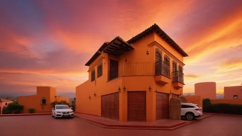 As the sun dips below the horizon, swirls of orange and red paint hue over the tranquil streets of Tlaquepaque de Tribal. The sky is ablaze with a riot of reds, oranges, and pinks, painting the sky wi