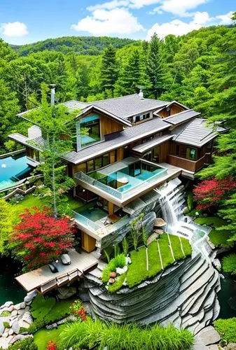 japanese architecture,eco hotel,house in mountains,asian architecture,golf resort,house in the mountains,green waterfall,japanese zen garden,beautiful home,house with lake,landscaping,home landscape,green living,japan garden,holiday villa,luxury property,grass roof,feng shui golf course,holiday complex,roof landscape