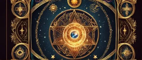 Fantasy magic card, ornate frame, golden border, mysterious aura, glowing runes, intricate illustrations, ancient tome, leather-bound book, mystic symbols, celestial bodies, stars, planets, moons, mag