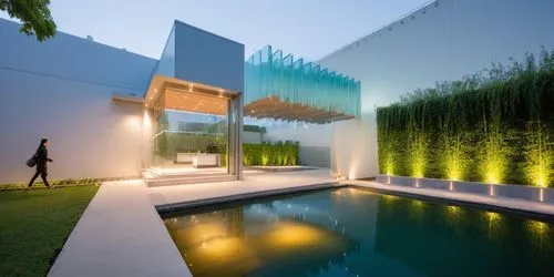 a pool is next to a glass walled house,landscape design sydney,garden design sydney,landscape designers sydney,cube house,cubic house,modern house,Photography,General,Realistic