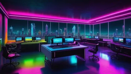 Futuristic chroma keying studio, sleek modern architecture, neon-lit interior, metallic pillars, glass walls, minimalist decor, ergonomic workstations, high-tech computer monitors, professional video 