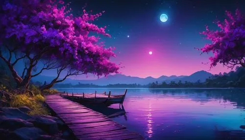 purple landscape,fantasy landscape,purple wallpaper,fantasy picture,landscape background,moon and star background,purple moon,tranquility,beautiful lake,full hd wallpaper,evening lake,purple and pink,sailing blue purple,purple,night sky,beautiful landscape,hd wallpaper,futuristic landscape,alien world,astronomy,Photography,General,Fantasy