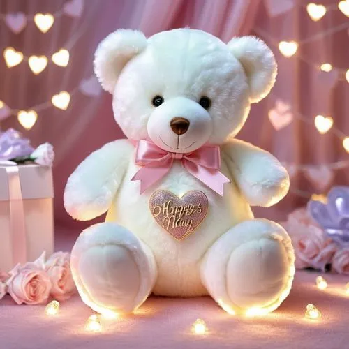  a plush, white teddy bear cradles a sign glowing with the tender phrase "Happy Mother's Day," crafted in intricate anime typography. Adorned with iridescent hearts and micro lights, it emanates affec