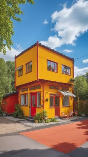 an orange and red house with a large lawn,mid century house,passivhaus,cohousing,pastellfarben,glickenhaus,cube house,Photography,General,Realistic