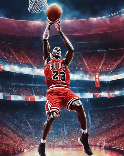 Craft an energetic Michael Jordan poster showcasing him in mid-air, with a stadium crowd going wild.,michael jordan,air jordan,bulls,young goat,jordan,butler,basketball player,goat,zion,slam dunk,bill