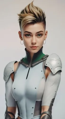 face model, suit, Mohawk haircut with shaved sides,a very cute woman with short hair ,liora,female warrior,karavas,anakara,zenonas,xcx,Unique,3D,3D Character