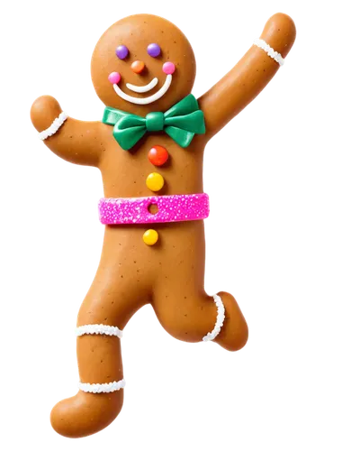 Transparent gingerbread man, running, joyful facial expression, bright orange icing hair, white frosting buttons, colorful candy eyes, sweet smiling mouth, festive holly-patterned scarf, shiny golden 