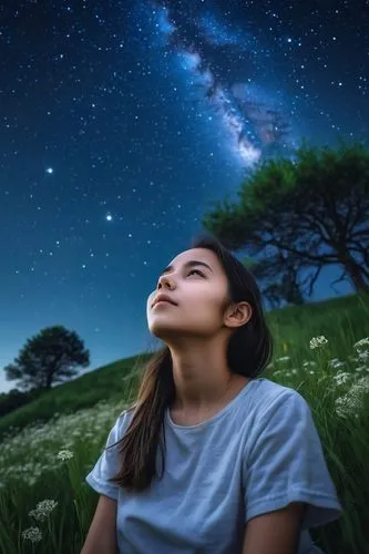 stargazing,meditator,starry sky,moon and star background,skygazers,night sky,meditative,stargazer,girl lying on the grass,the night sky,night stars,meditation,astronomer,nightsky,starry night,milky way,star sky,world digital painting,stargazers,starry,Photography,General,Realistic