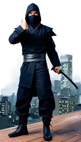 Male ninja, standing pose, black ninja suit, hood up, mask covering face, detailed hands with fingers spread apart, Japanese-style katana at side, leather belt, black boots, urban rooftop setting, nig