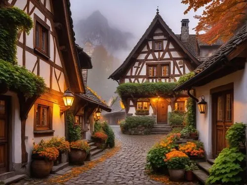 German architecture house, half-timbered, medieval style, steeply pitched roof, wooden shutters, flower boxes, Bavarian Alps, snow-capped mountains, foggy morning, warm soft lighting, cobblestone stre