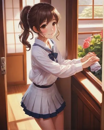 girl in the kitchen,kitchen,honmei choco,holding flowers,miku maekawa,kantai collection sailor,waitress,window sill,refrigerator,cooking chocolate,counter top,chef's uniform,kitchen work,maid,school uniform,koto,cocoa,himuto,windowsill,school skirt,Conceptual Art,Daily,Daily 12