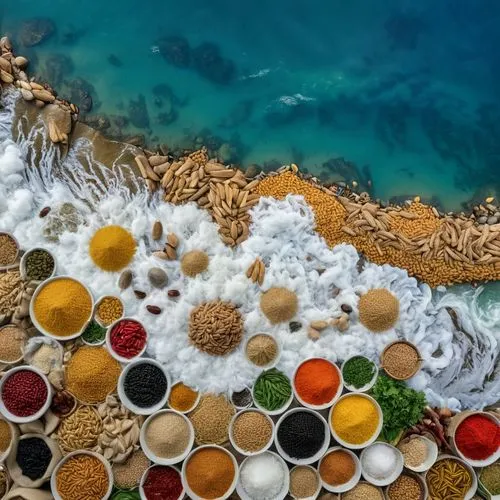 ocean pollution,colored spices,mediterranee,colorful water,aerial view of beach,phytoplankton,plate full of sand,fruits of the sea,sea foods,food collage,the mediterranean sea,carrageenan,chromatophores,mediterranean sea,mediterraneo,bottle top,mediterranean,beachcombing,birdseye view,colored stones,Unique,Design,Knolling