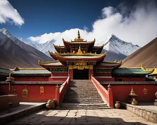 Tibetan Buddhist temple, ornate golden roofs, vibrant red walls, intricate wooden carvings, colorful prayer flags, grand entrance gate, majestic stone lions, serene courtyard, peaceful monks, traditio