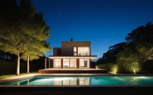 glass concrete bricks woodpanelling garden trees landscape pool seaside summer spotlight daylight blue sky night view,villa,pool house,casabella,house silhouette,modern house,dreamhouse,luminosa,estat