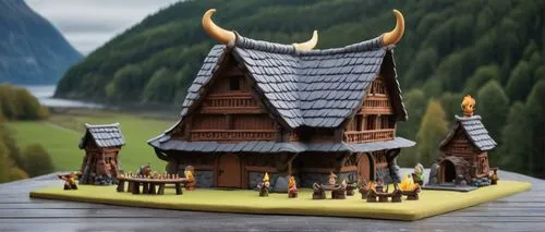 Viking village, wooden longhouse, Nordic style, intricate carvings, dragon head decorations, steeply pitched roof, wooden shingles, stone foundation, torches, smoke rising, misty morning, dense forest