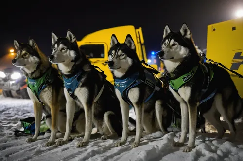 Sled dogs from a 100-mile team wait to be loaded into trucks after finishing the race early Sunday morning.,sled dog racing,sakhalin husky,huskies,sled dog,mushing,dog sled,police dog,german shepards,