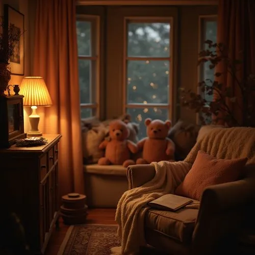 Warm cozy atmosphere, ochre color palette, golden hour lighting, soft ambient glow, rustic wooden furniture, vintage decorative items, fluffy throw blankets, crackling fireplace, dimly lit room, intim