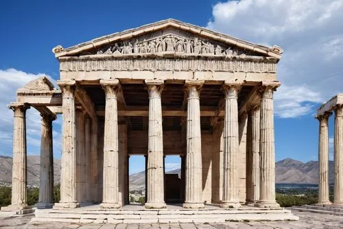 Ancient Greek temple, grandiose architecture, intricate carvings, ornate columns, arches, domes, Corinthian capitals, marble material, smooth texture, symmetrical structure, bright daytime lighting, c